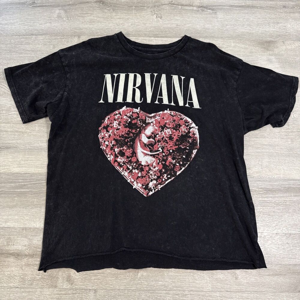 Nirvana Heart Shaped Box Shirt Unisex 2XL Black Mineral Wash Band Raw Hem